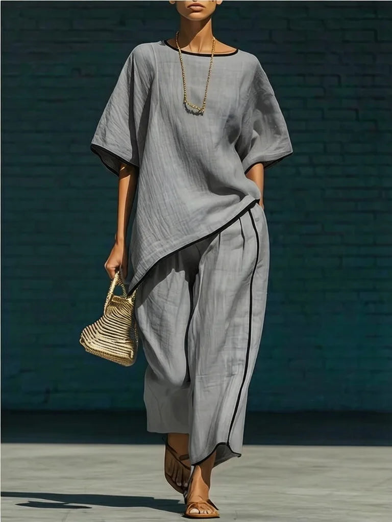 Contrast Piping Oversized Top and Wide Leg Pants Set