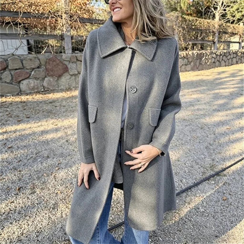 Women's Longline Coat with Flap Pockets and Point Collar