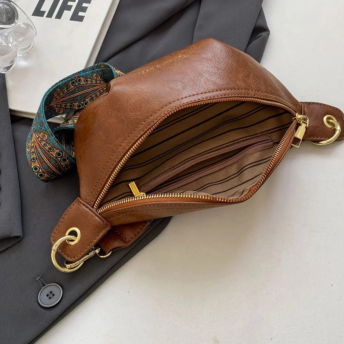 Women's Leather Crossbody Belt Bag with Embroidered Strap
