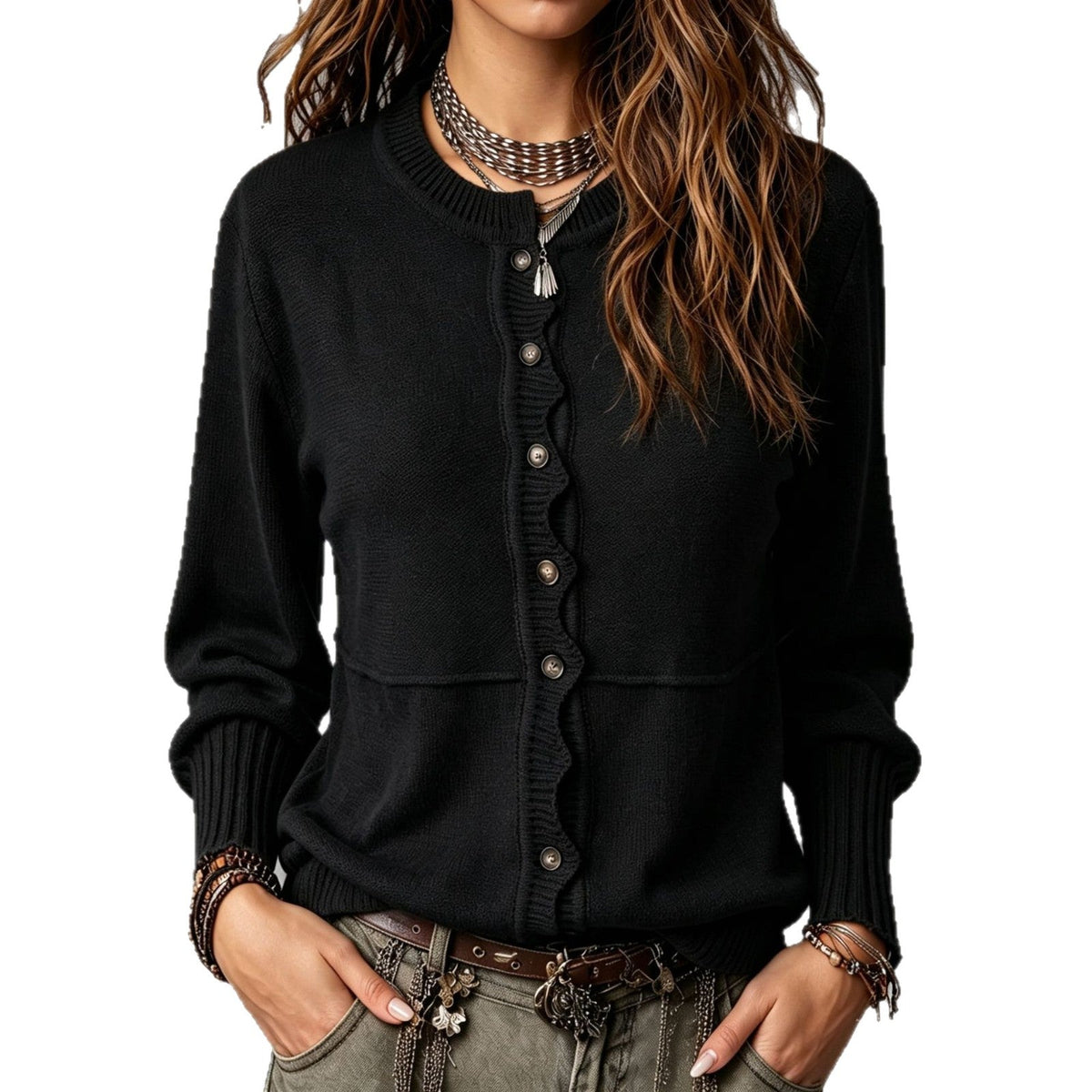 Women's Button-Front Knit Cardigan with Scalloped Trim