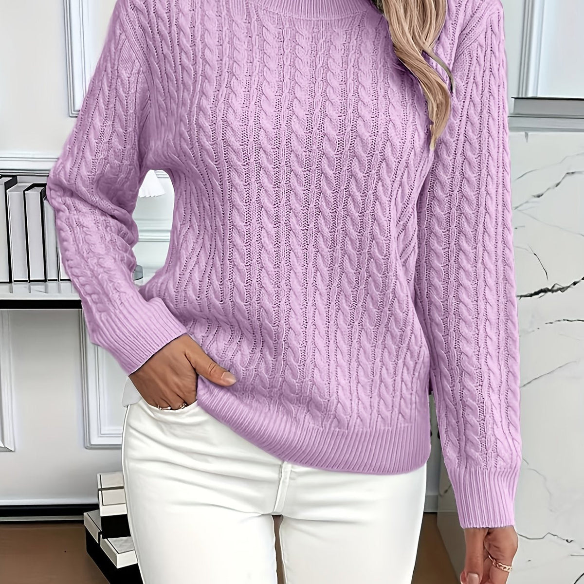 Women's Classic Cable Knit Mock Neck Jumper