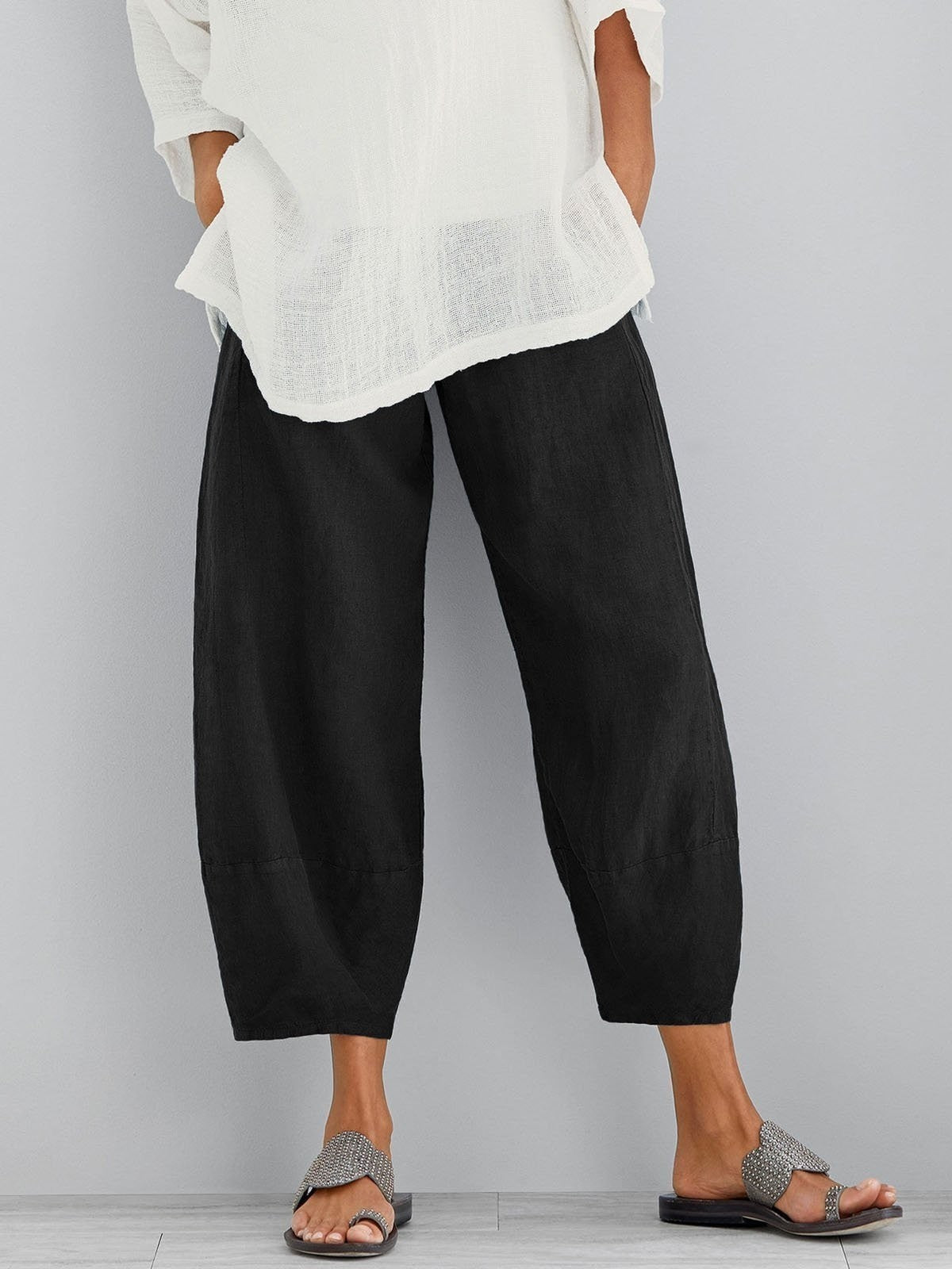 Linen Blend Cropped Lantern Trousers with Tapered Hem