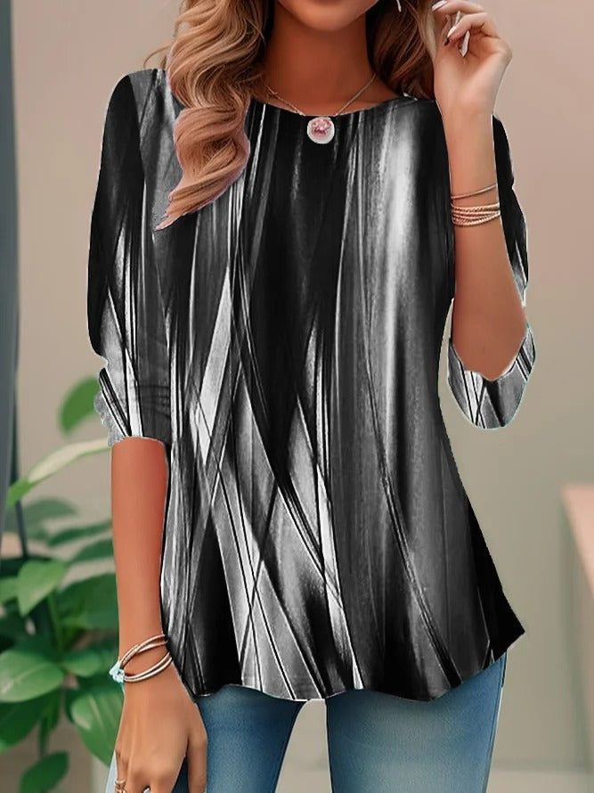 Ombre Stripe Print Round Neck Swing Top