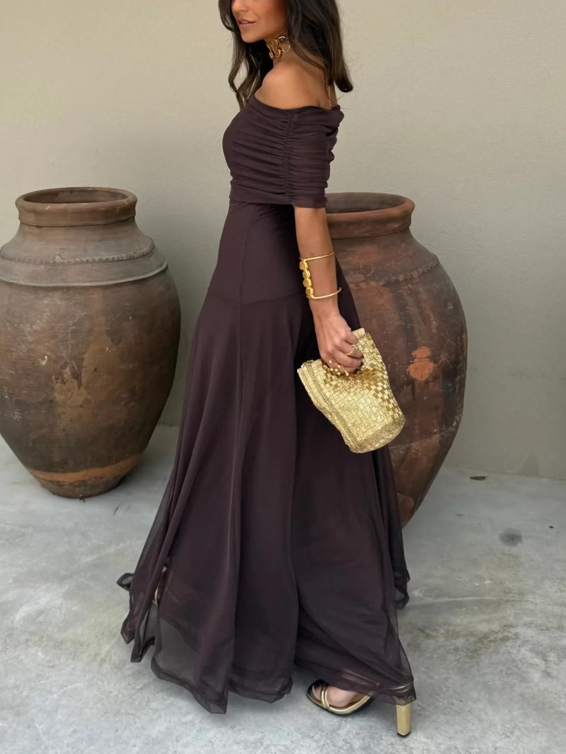 Off-Shoulder Sheer Mesh Flowy Maxi Dress