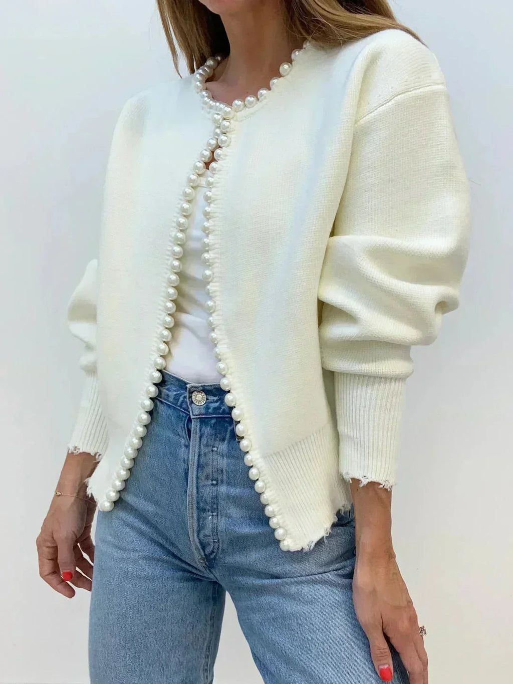 Gilet en maille ouvert sur le devant pour femme, orné de perles