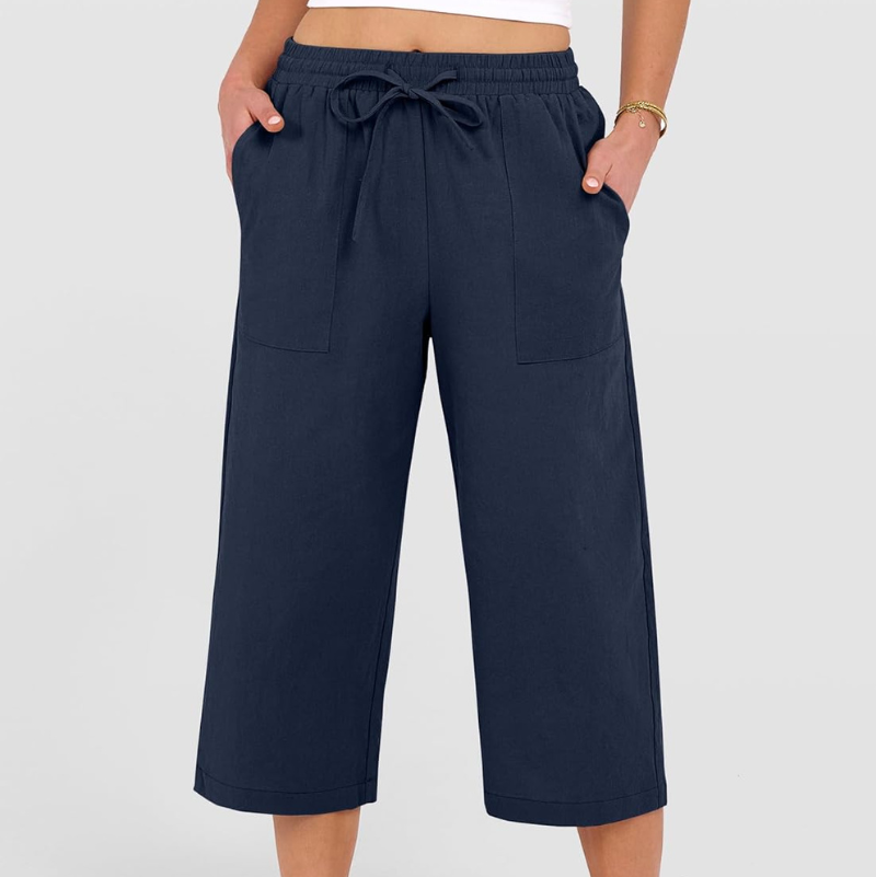 Wide Leg Cropped Linen Trousers with Drawstring Waist