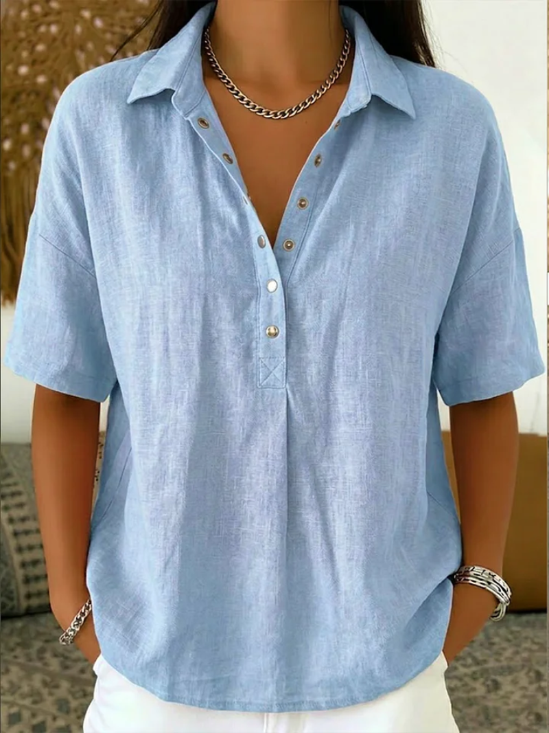 Linen Blend Collared Popover Shirt with Snap Buttons