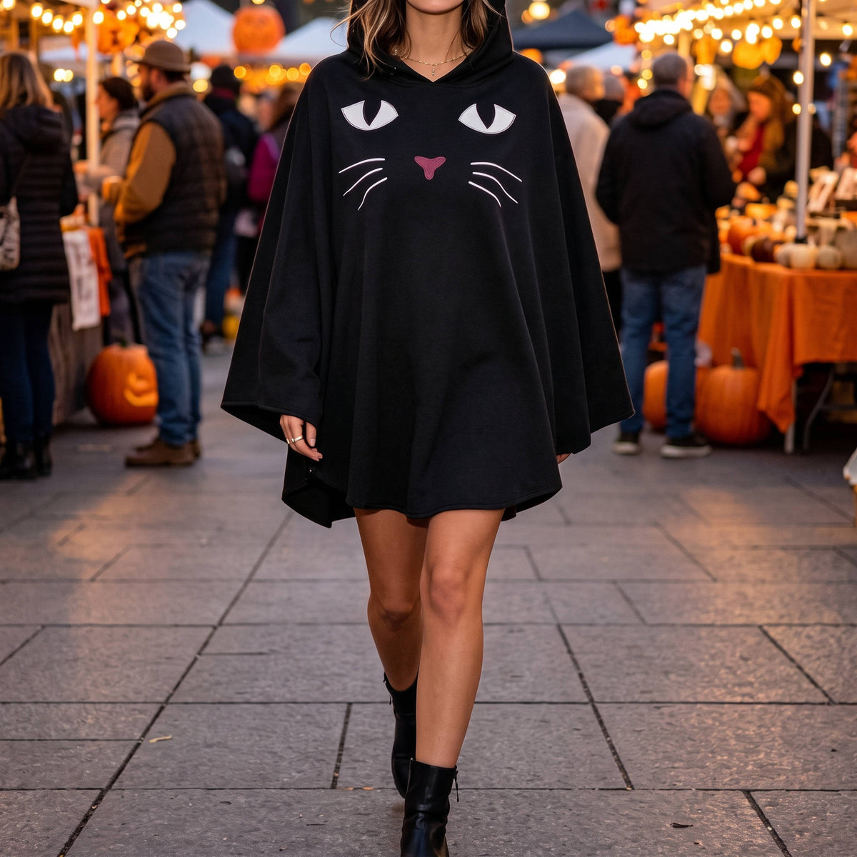 Women's Hooded Cat Face Halloween Poncho Cape