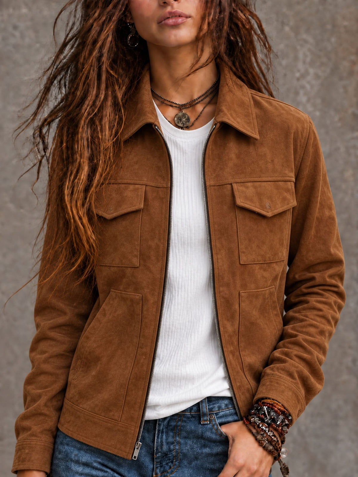 Women's collared utility jacket with zip front and flap pockets