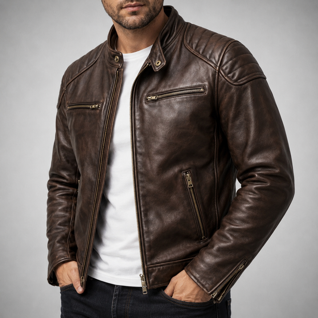 Men's Quilted Shoulder Faux Leather Racer Jacket
