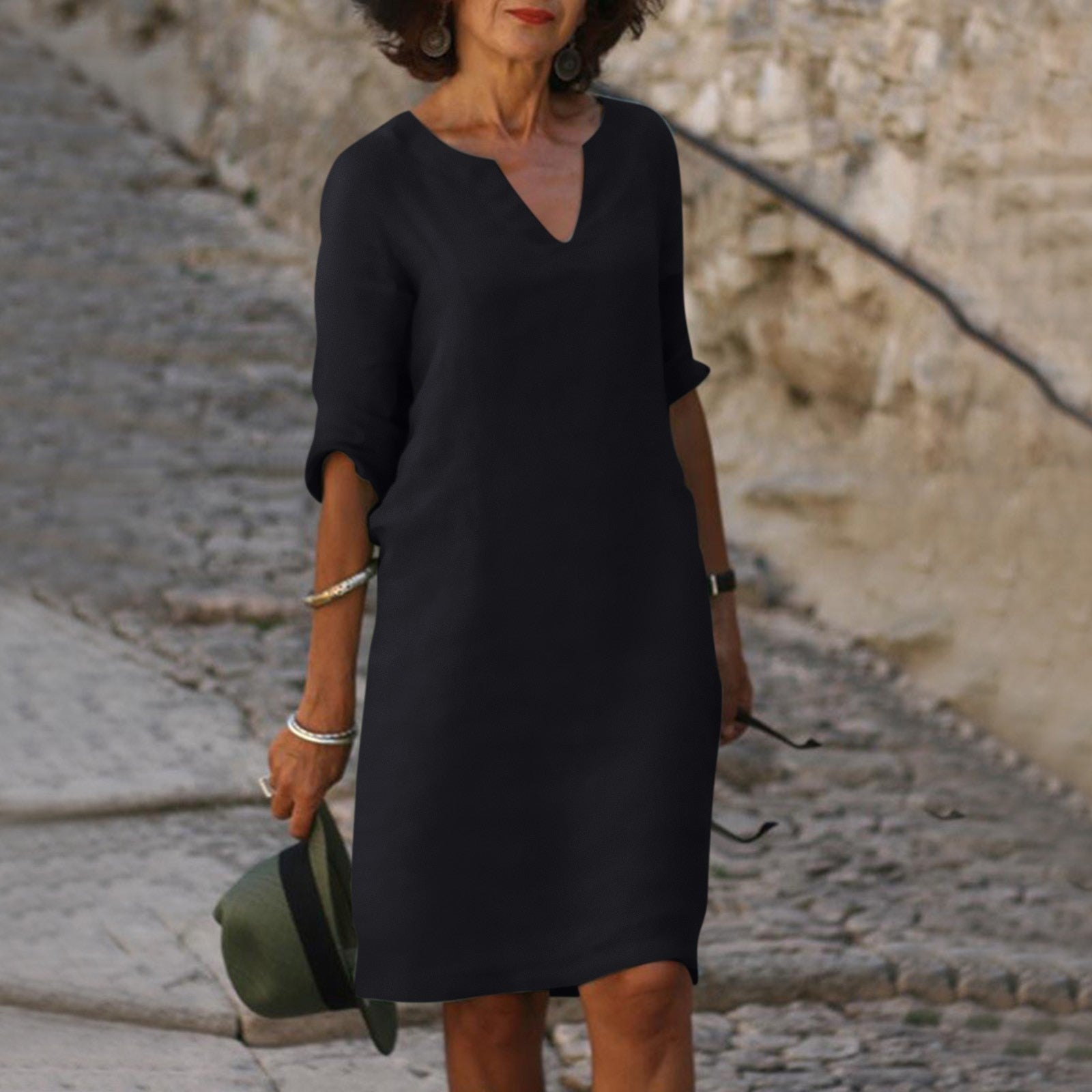 Notch V-Neck Linen Shift Dress with Roll-Up Sleeves