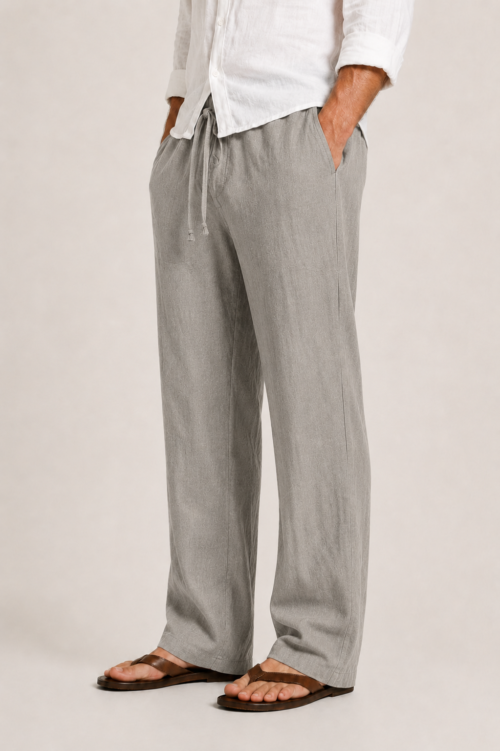 Pantalon en lin texturé coupe décontractée avec taille à cordon de serrage