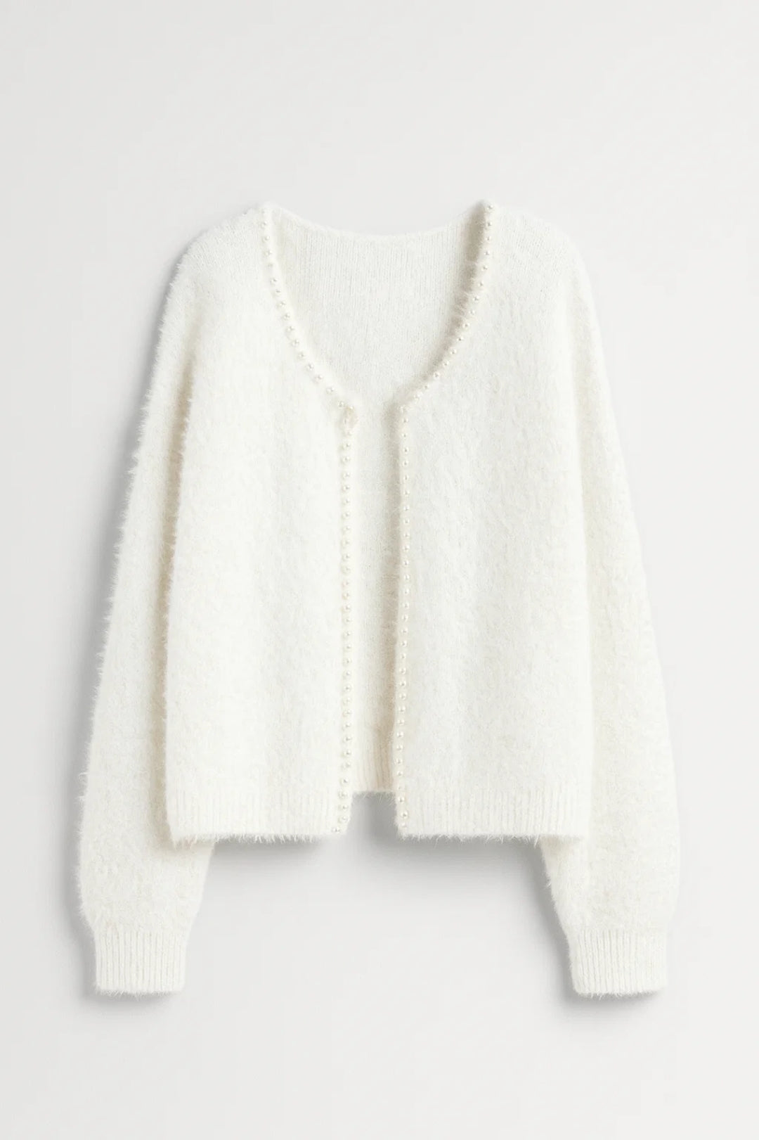 Women's Pearl-Accented Fluffy Knit Open Cardigan