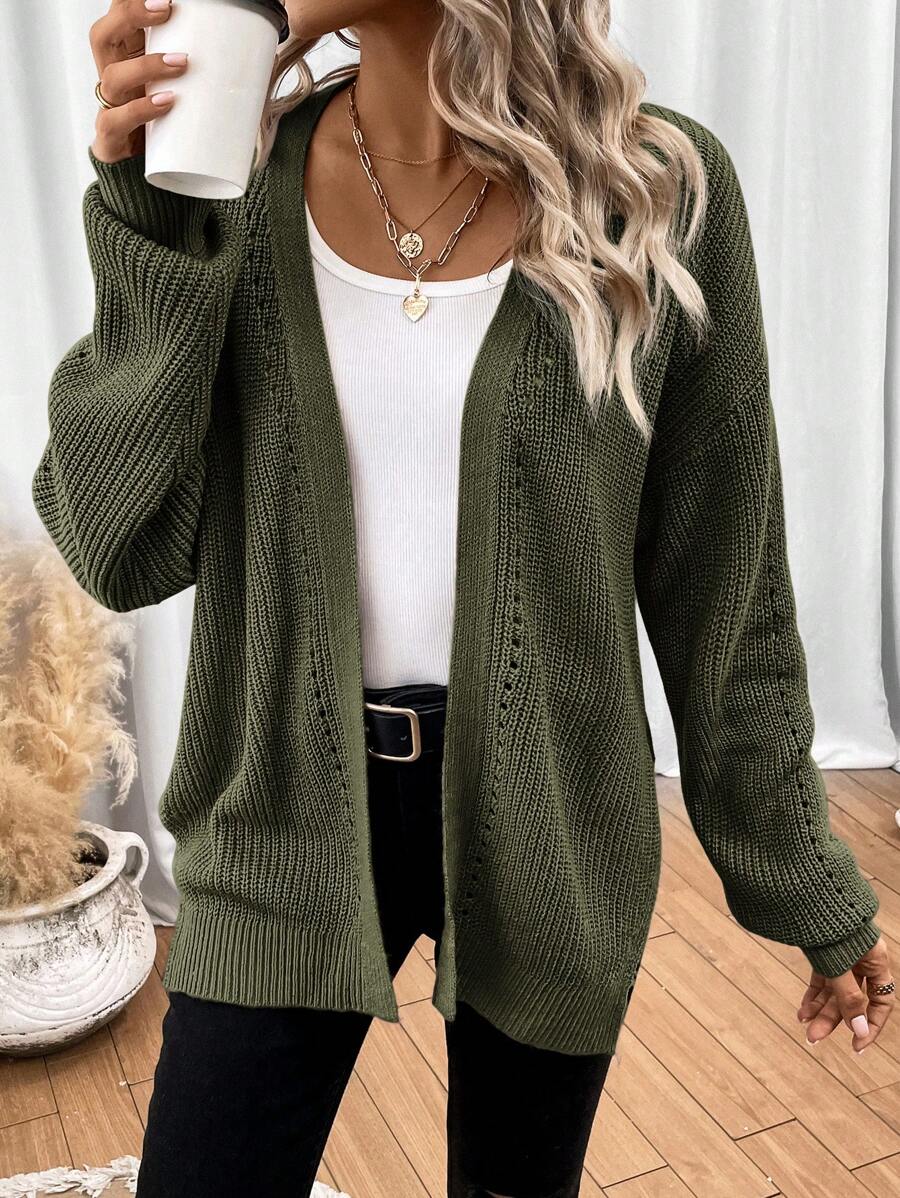 Women's Pointelle Knit Open Front Longline Cardigan