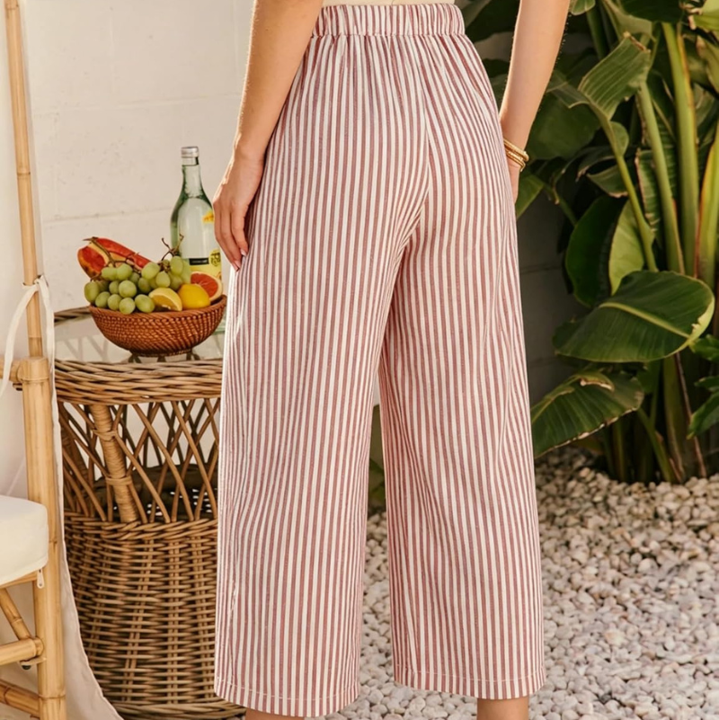 Striped Wide Leg Trousers with Contrast Drawstring