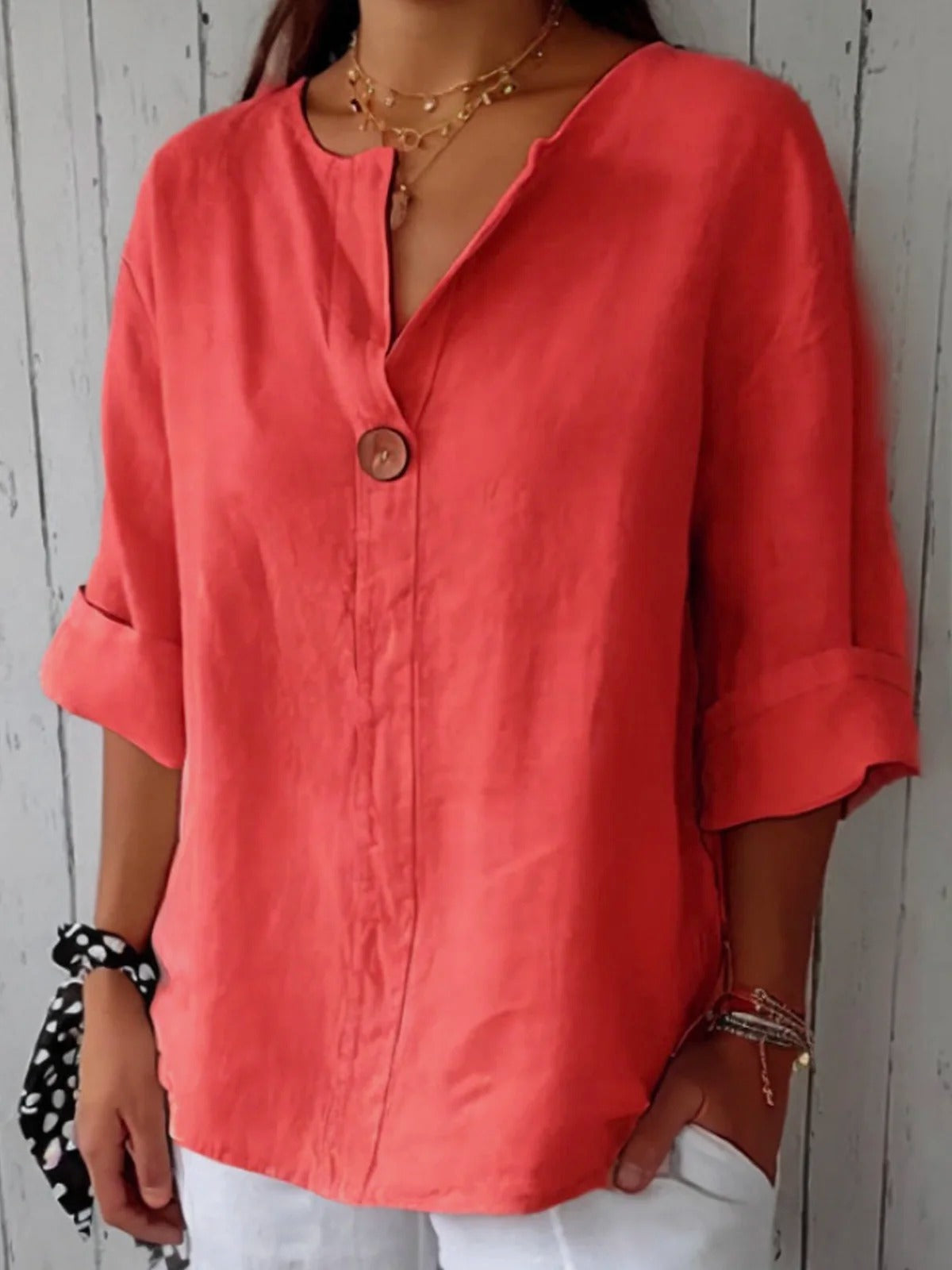 Notched V-Neck Single Button Oversized Blouse