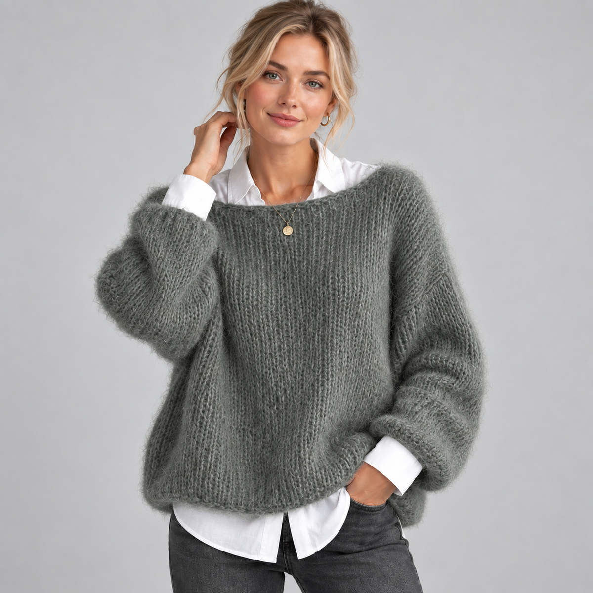 Women's Chunky Fuzzy Knit Boat Neck Sweater