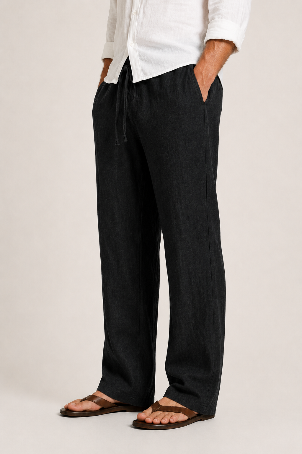 Pantalon en lin texturé coupe décontractée avec taille à cordon de serrage