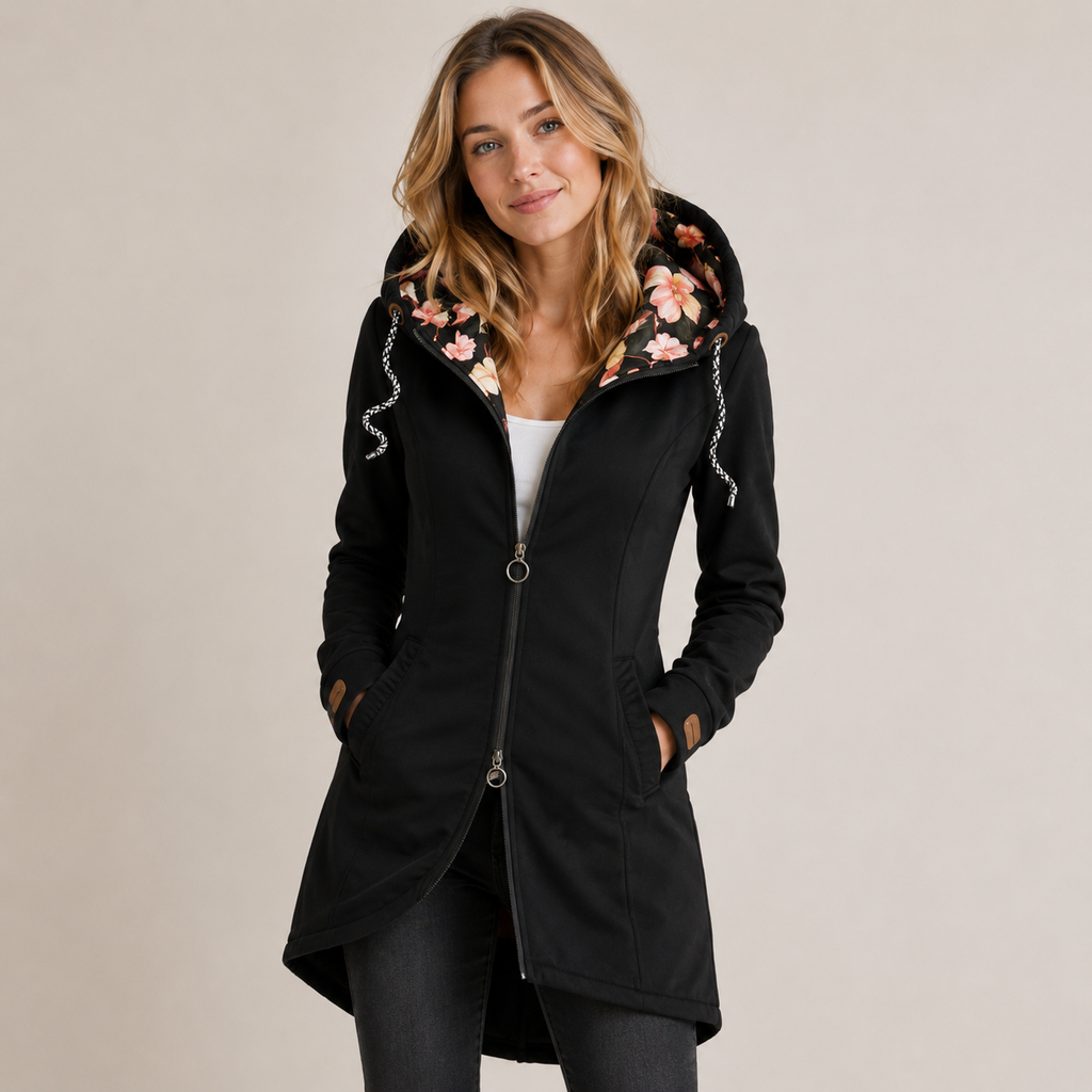 Veste longue à capuche pour femmes, doublée de motifs floraux