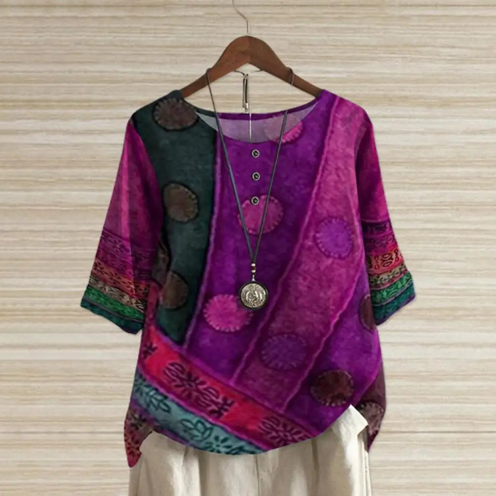 Vintage Print Round Neck Three-Quarter Sleeve Top