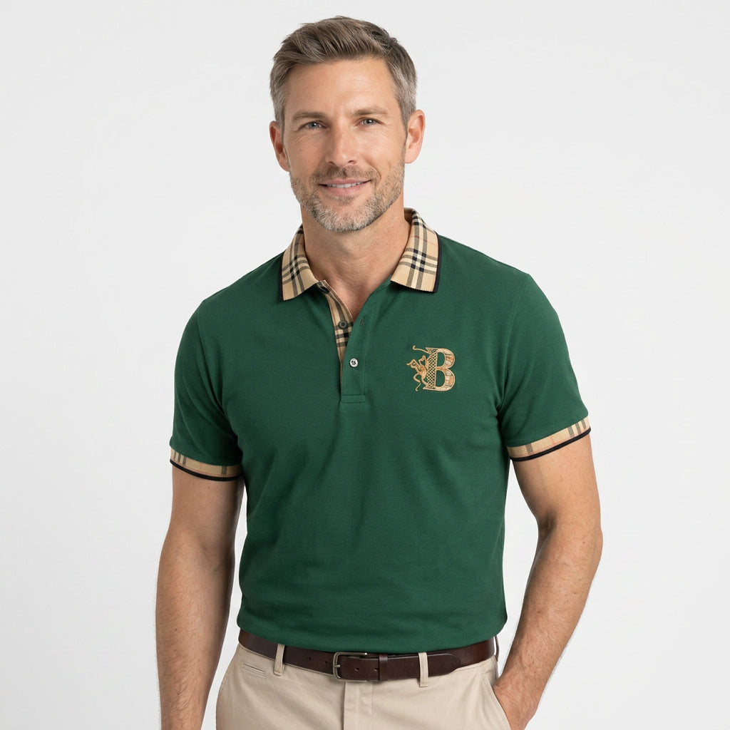 Check Collar Cotton Polo Shirt with Contrast Trim