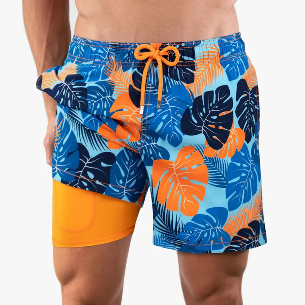Tropical Print Quick-Dry Swim Shorts with Inner Lining