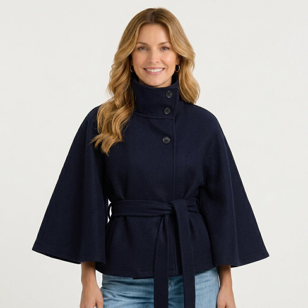 Women’s High Collar Cape Jacket – Button Front Cropped Style