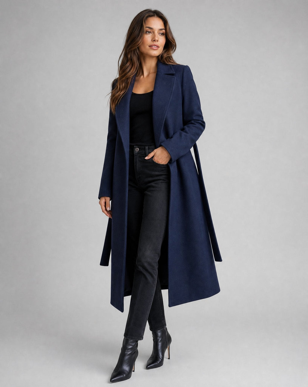 Manteau trench long en mélange de laine pour femme, avec ceinture
