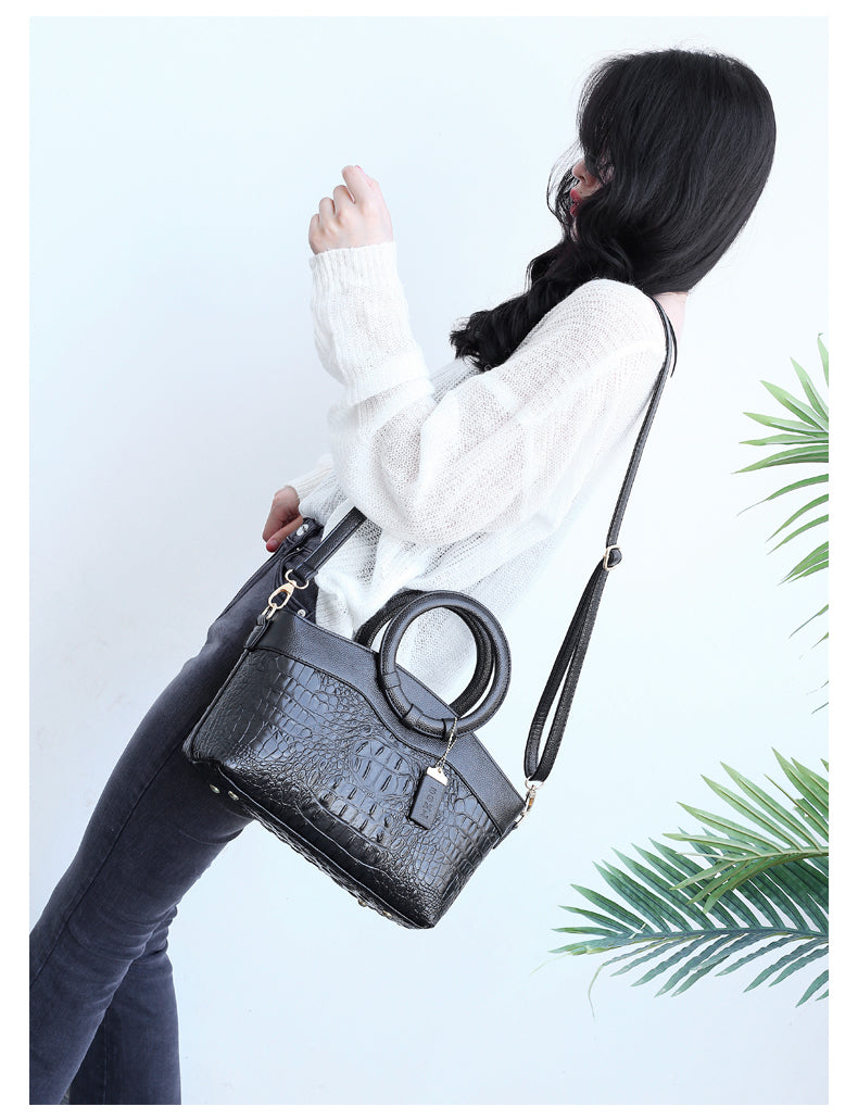 Croc Embossed Round Handle Structured Tote Bag