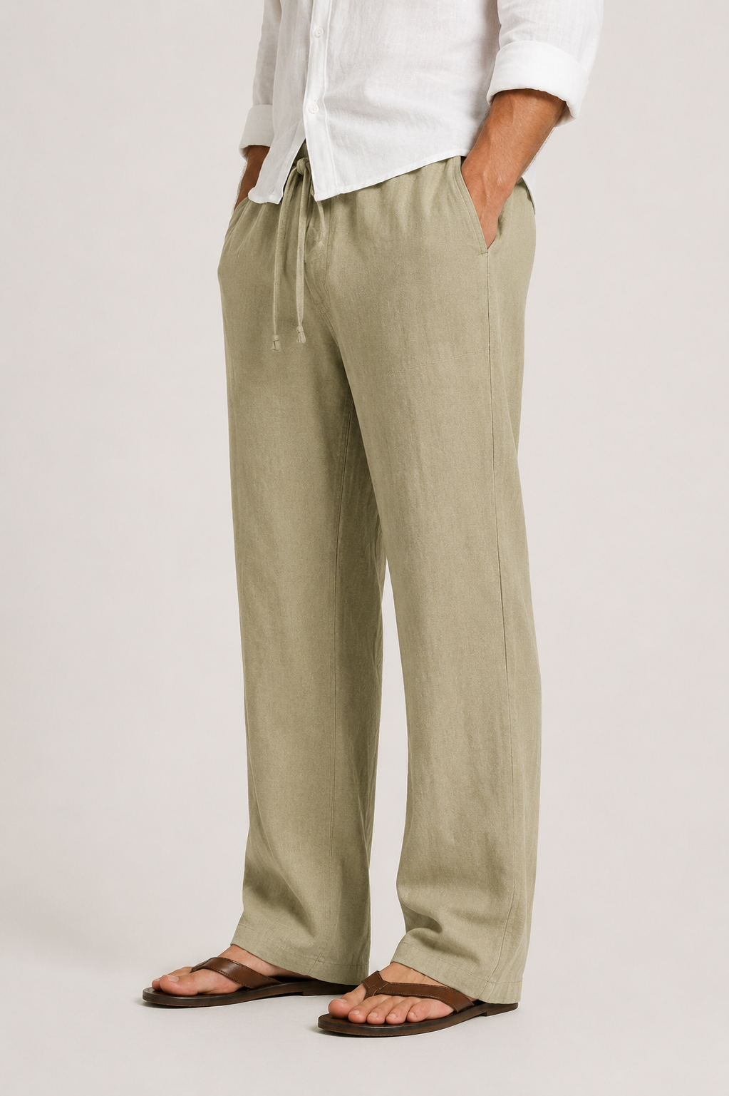 Pantalon en lin texturé coupe décontractée avec taille à cordon de serrage