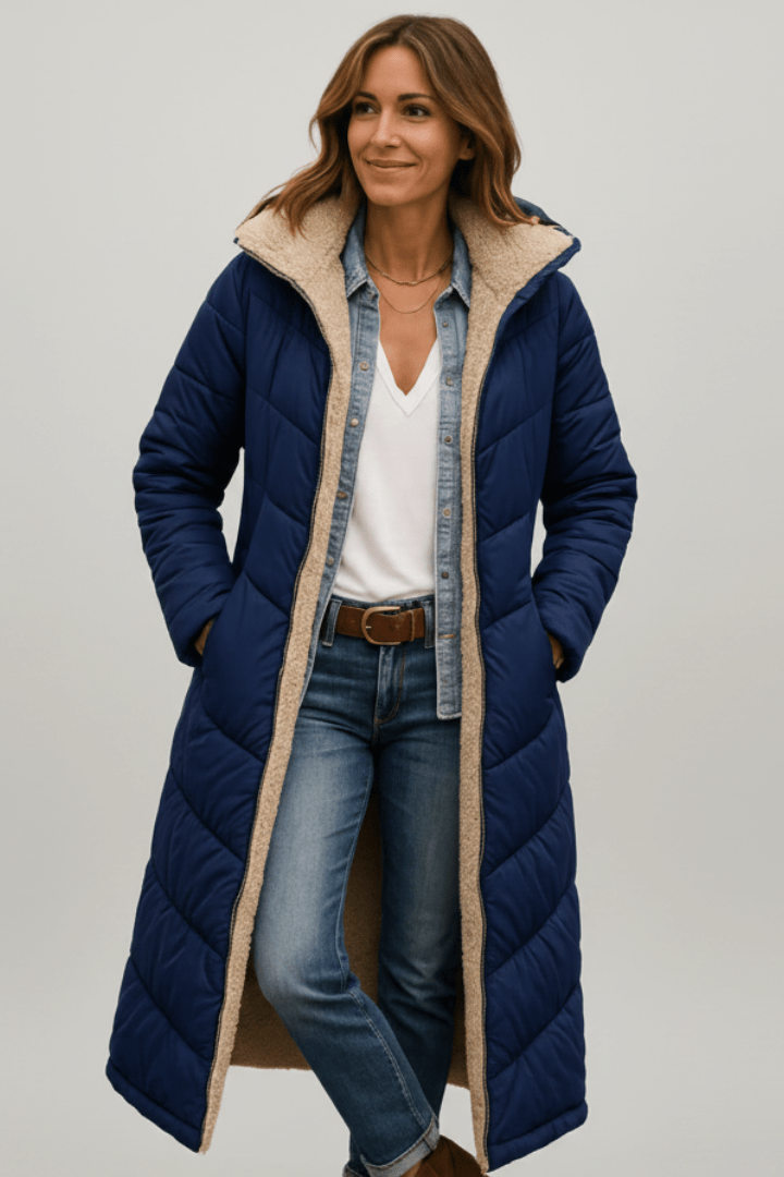 Women's Long Puffer Coat with Faux Shearling Trim