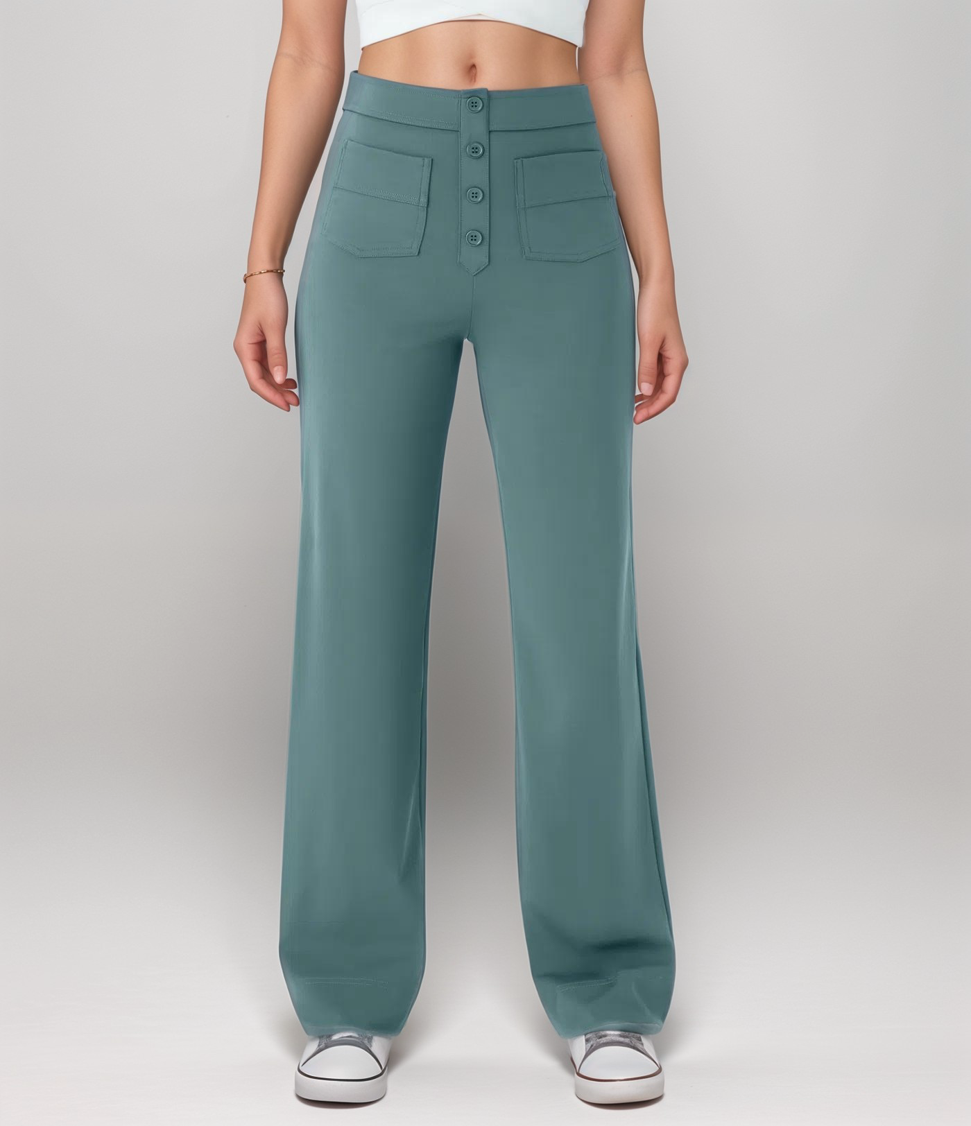 High-Waisted Wide Leg Trousers with Button Front