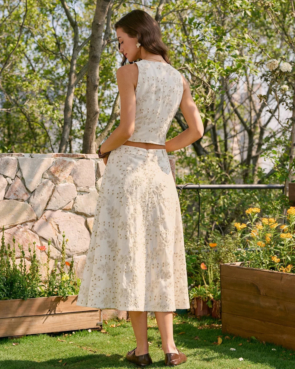 Embroidered A-Line Midi Skirt with Floral Detail