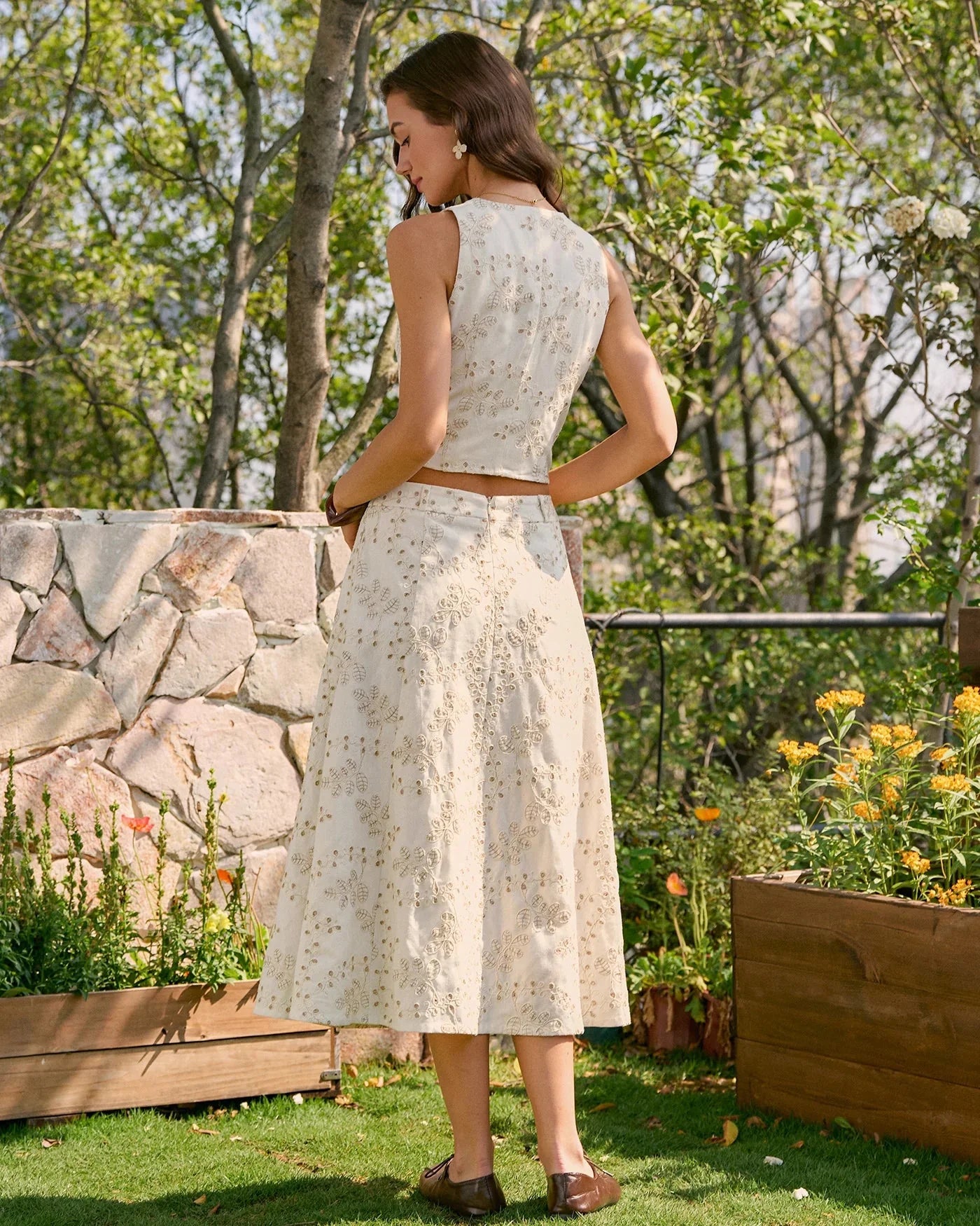 Embroidered A-Line Midi Skirt with Floral Detail