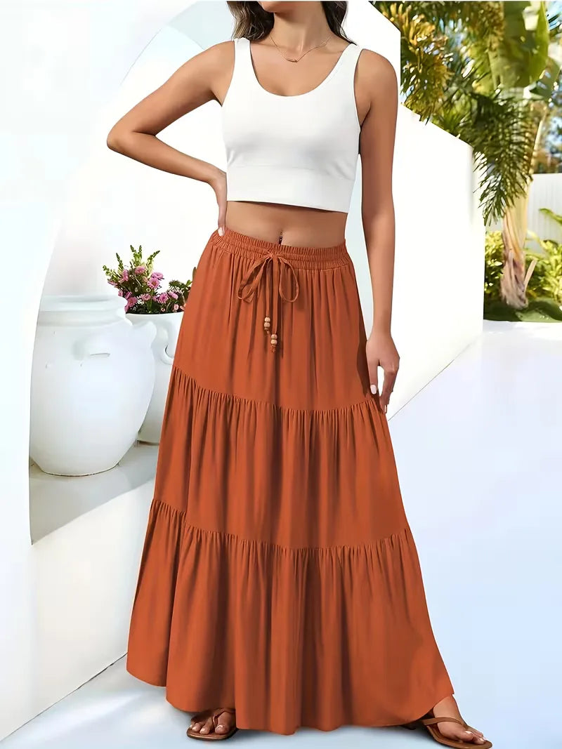 Tiered Maxi Skirt with Drawstring Tie Waist