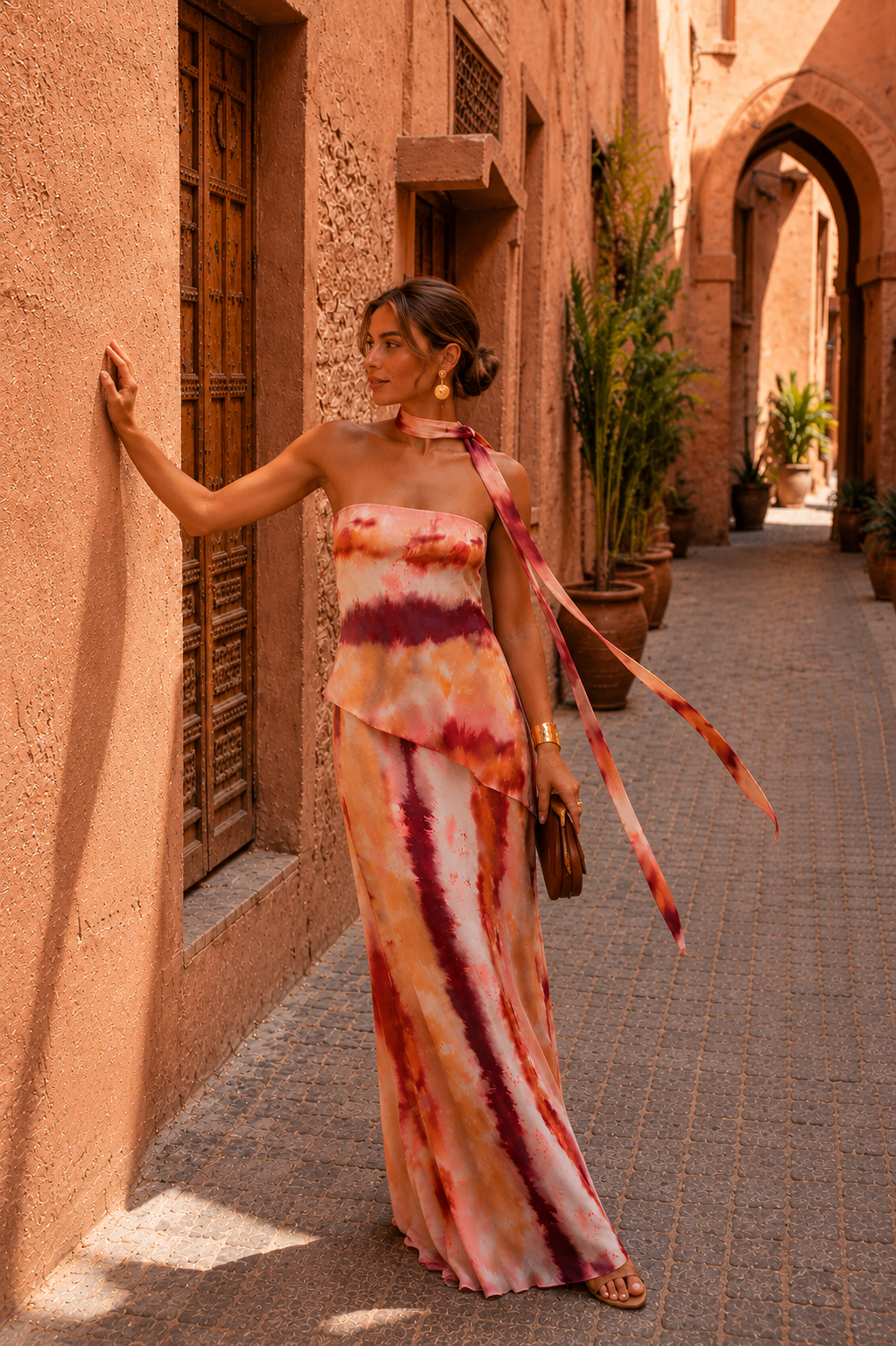 Tie-Dye Strapless Maxi Dress with Neck Tie Detail