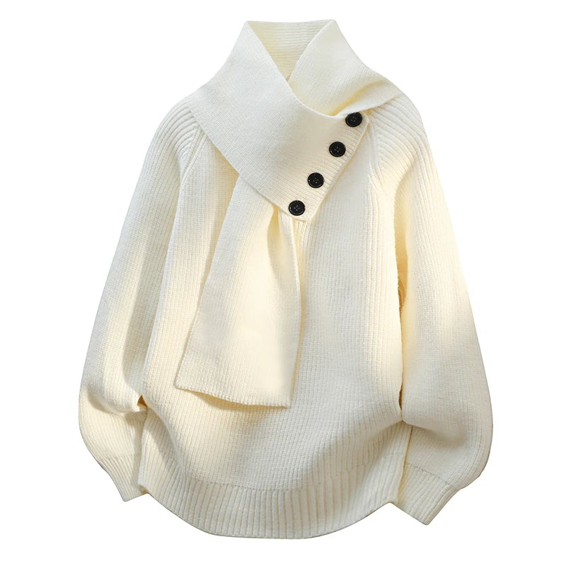 Pull pour femme à col écharpe asymétrique et détails boutonnés