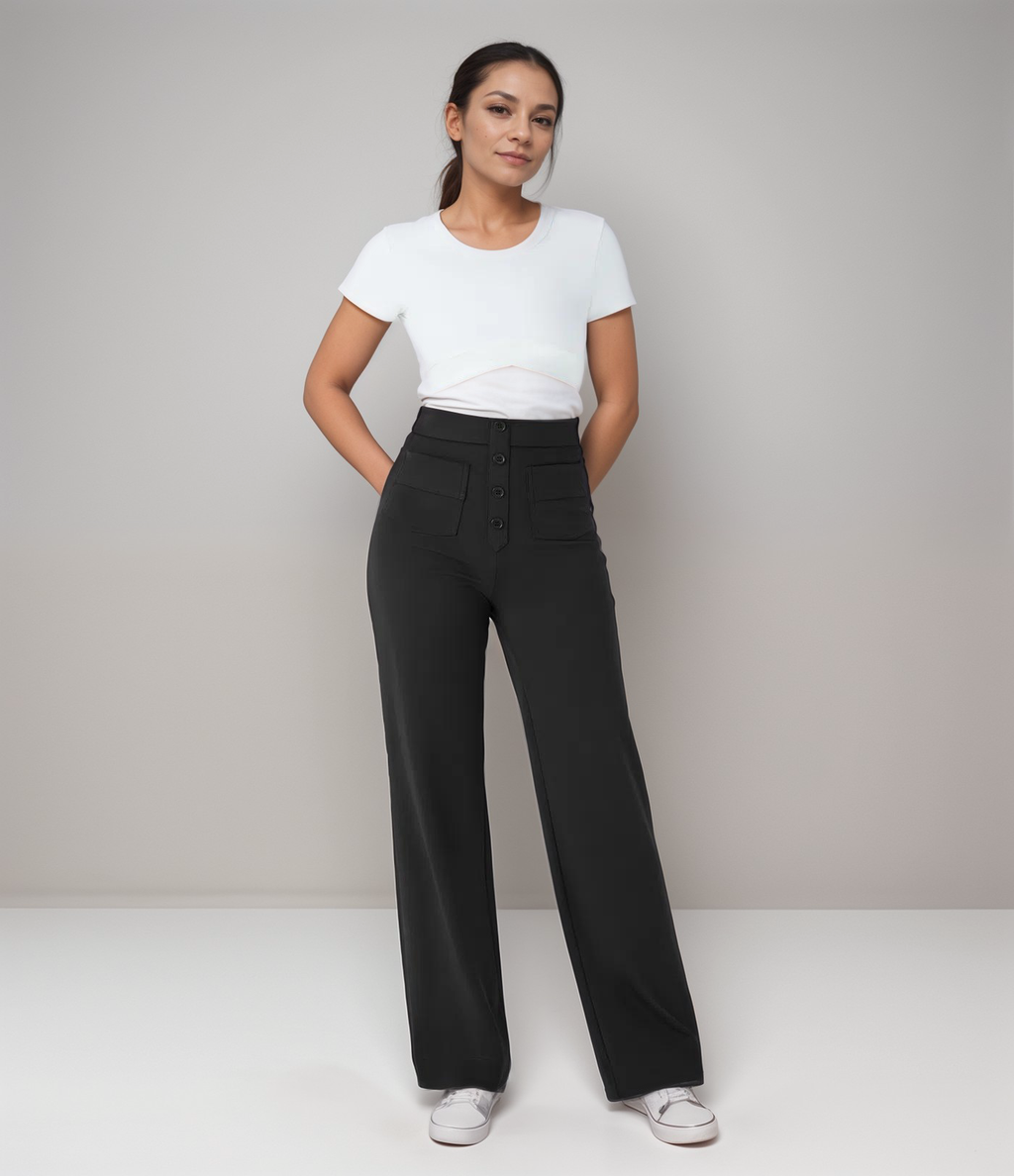 High-Waisted Wide Leg Trousers with Button Front