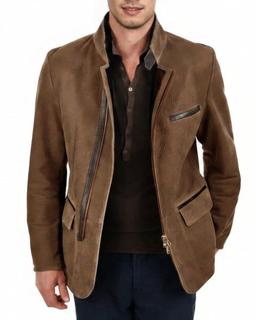 Men's Faux Leather Contrast Trim Blazer Jacket