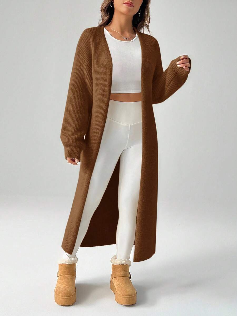 Women's Ribbed Knit Open Front Maxi Cardigan