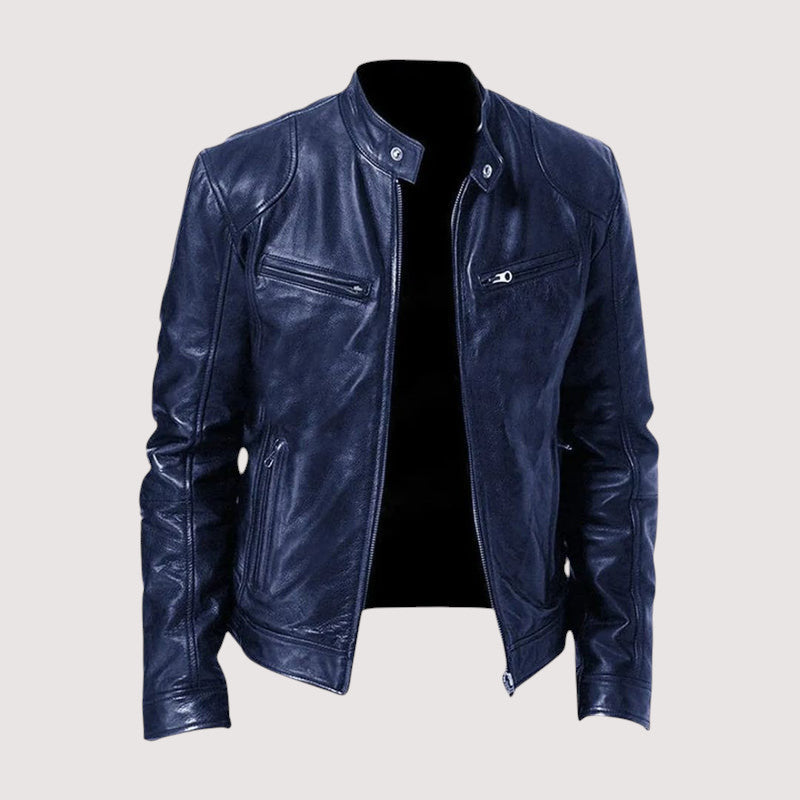 Men's Faux Leather Snap-Collar Racer Jacket