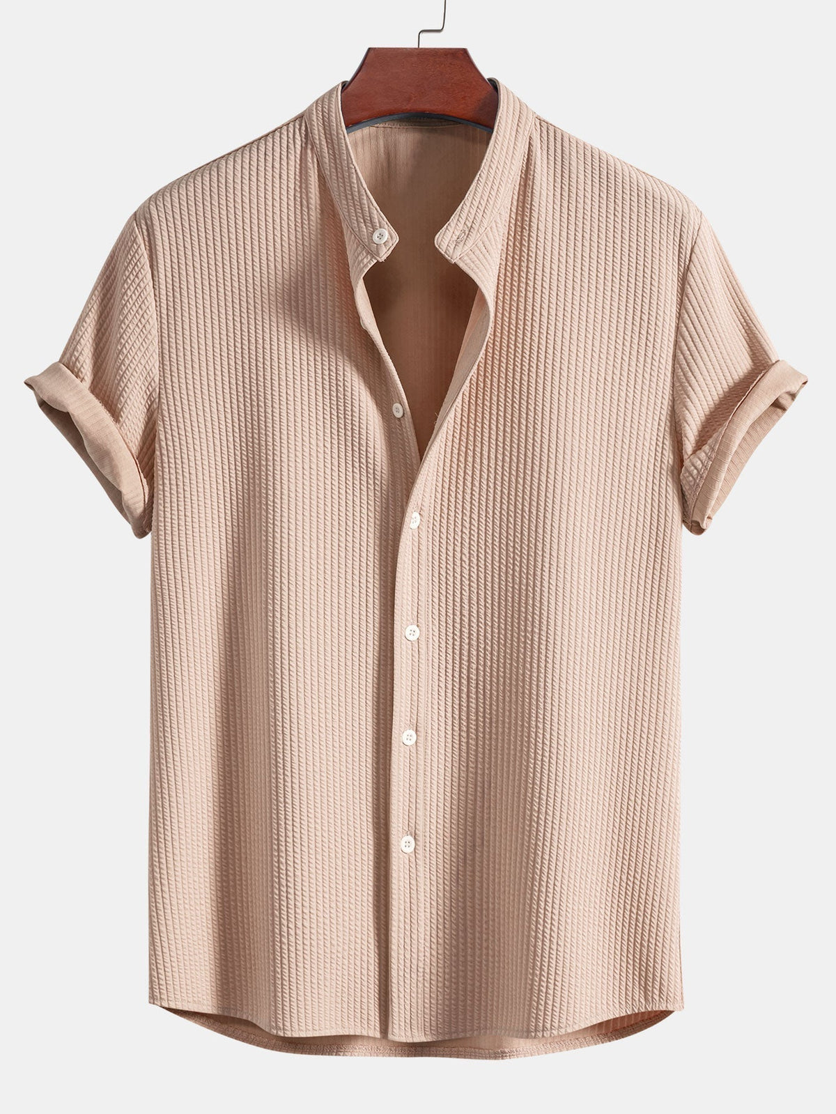 Men's Textured Knit Short Sleeve Band Collar Shirt