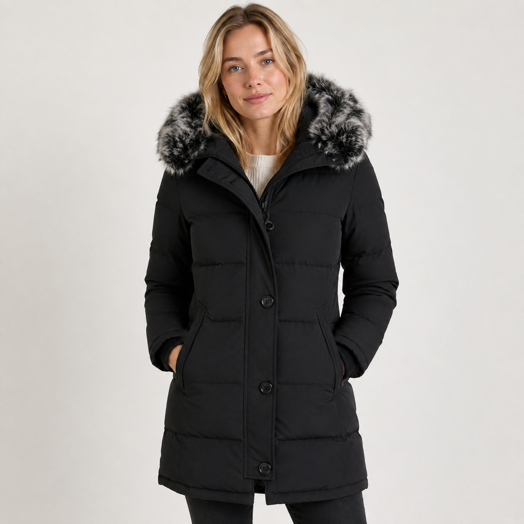 Manteau matelassé long pour femme avec capuche en fausse fourrure