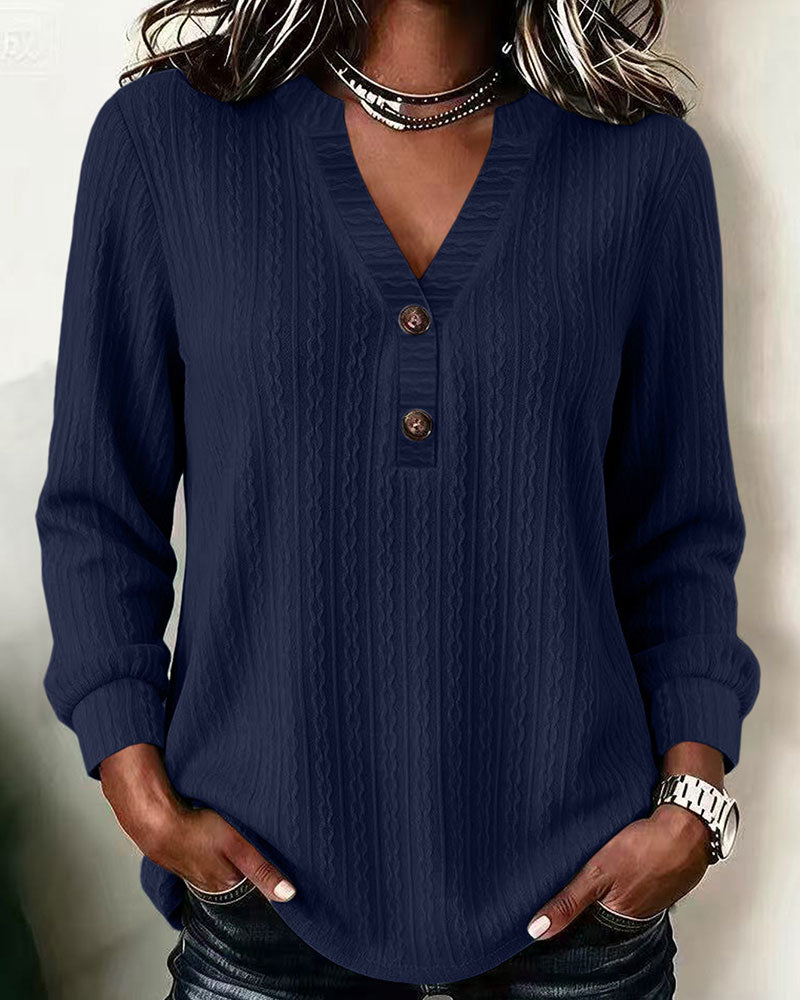 Women's Cable Textured V-Neck Button Long Sleeve Top