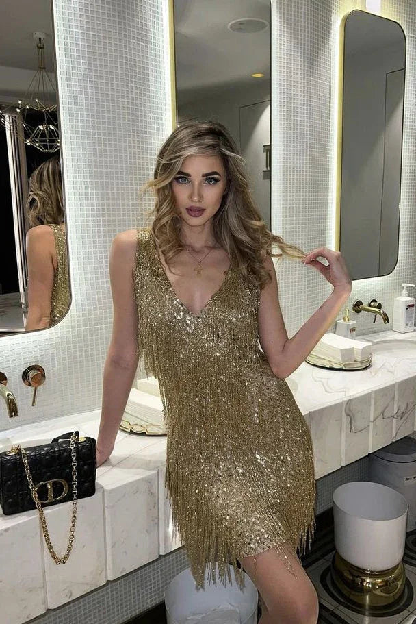 Sequin Tassel Fringe V-Neck Party Dress