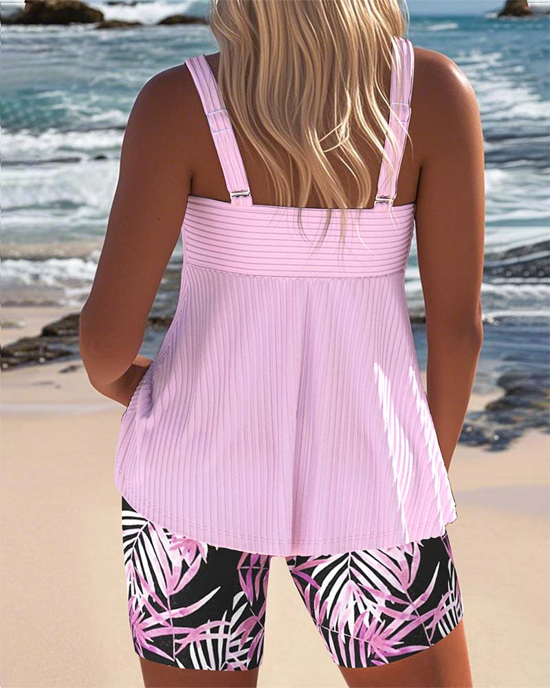 Ribbed Tankini Top with Palm Print Swim Shorts Set