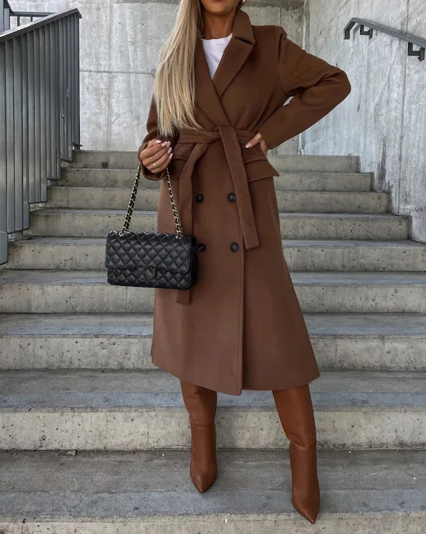 Women's Long Belted Coat with Notched Lapel