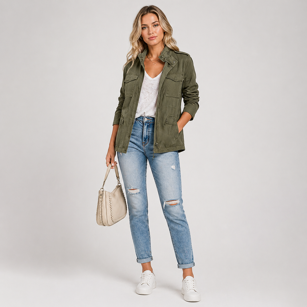 Women's Utility Jacket with Cinched Waist and Pockets