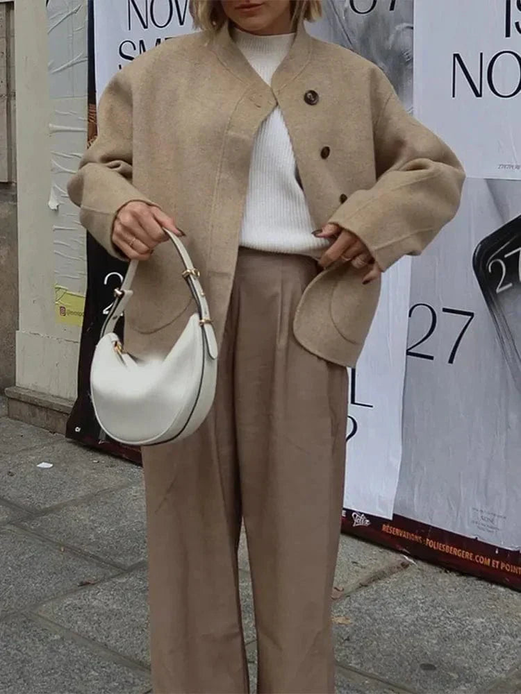 Women's Boxy Wool-Look Jacket with Round Pockets