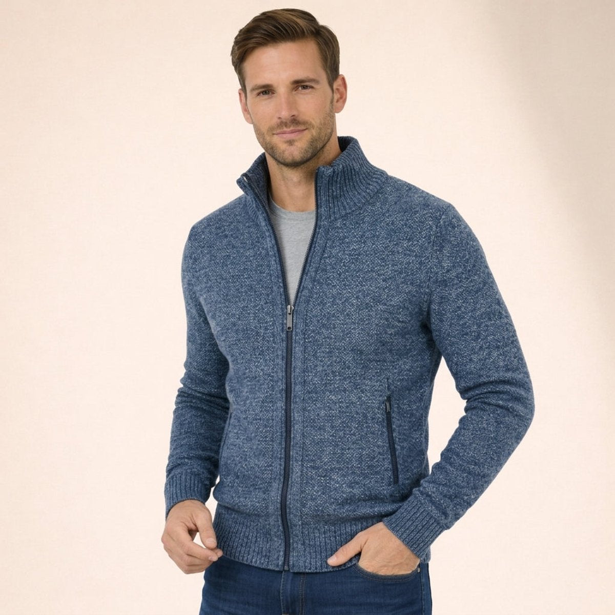 Men's Textured Knit Full-Zip Mock Neck Sweater